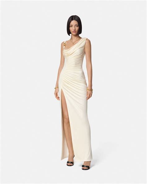 versace white gown|medusa 95 draped gown.